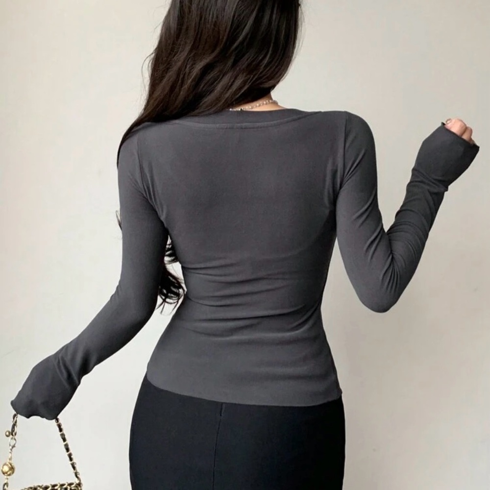 Women's Gray Long Sleeve Top with Bow Accents - Picture 2 of 5